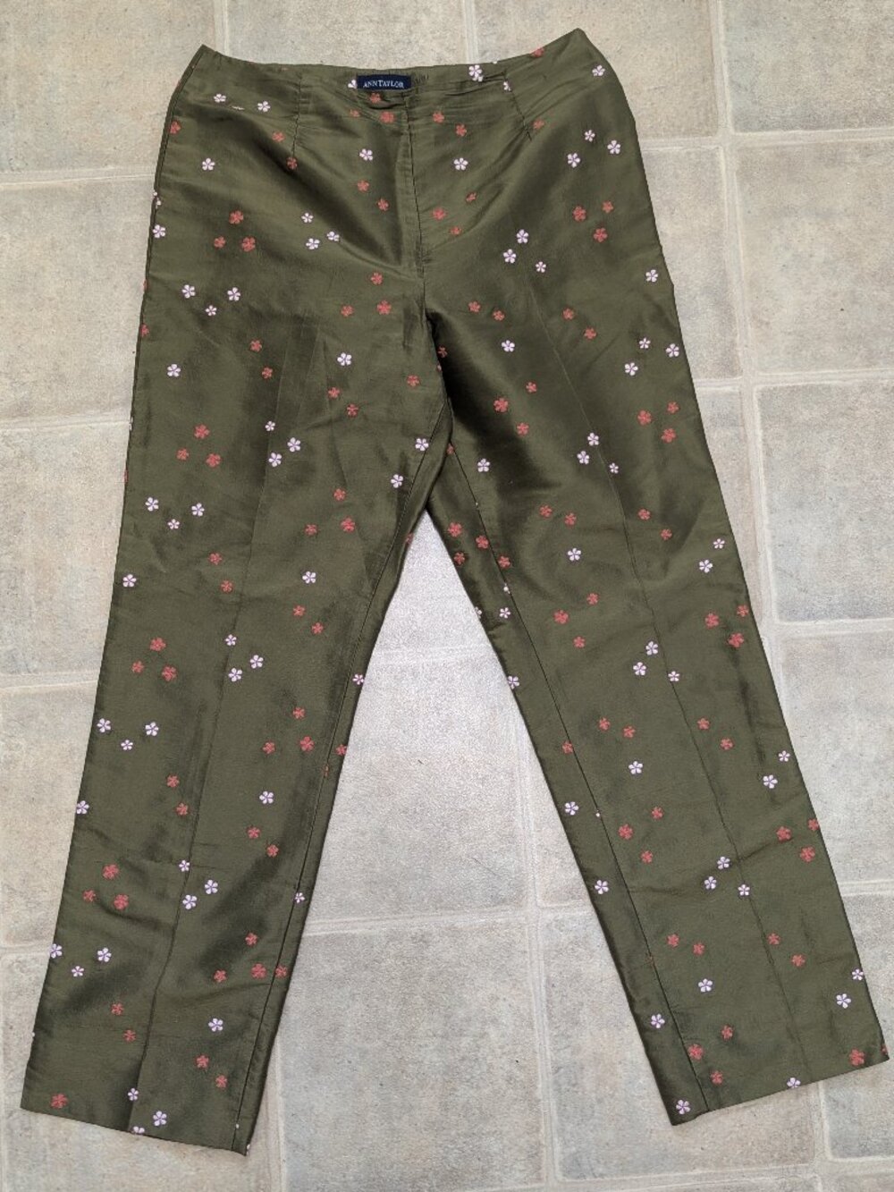 Vintage Ann Taylor 100% Silk Embroidered Floral Pants Green Y2K
